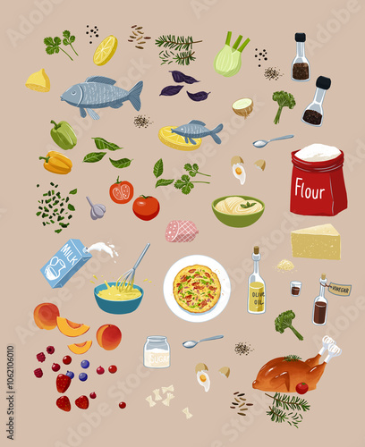 set of illustrations of food and cooking products