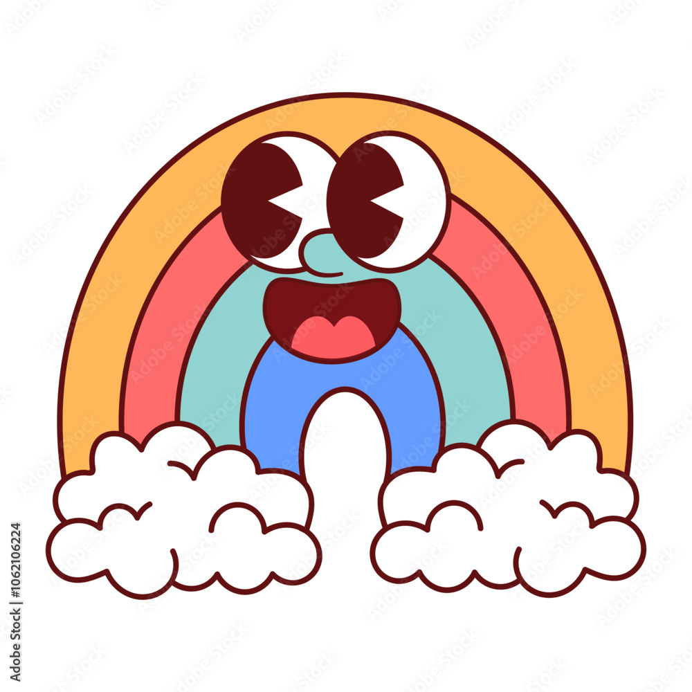 Smiling Cartoon Rainbow. A cheerful vector illustration of a cartoon rainbow with a happy face. At the base of the rainbow are fluffy white clouds, adding a playful touch to the image. Smiling Cartoon Rainbow. A cheerful vector illustration of a cartoon rainbow with a happy face. At the base of the rainbow are fluffy white clouds, adding a playful touch to the image.