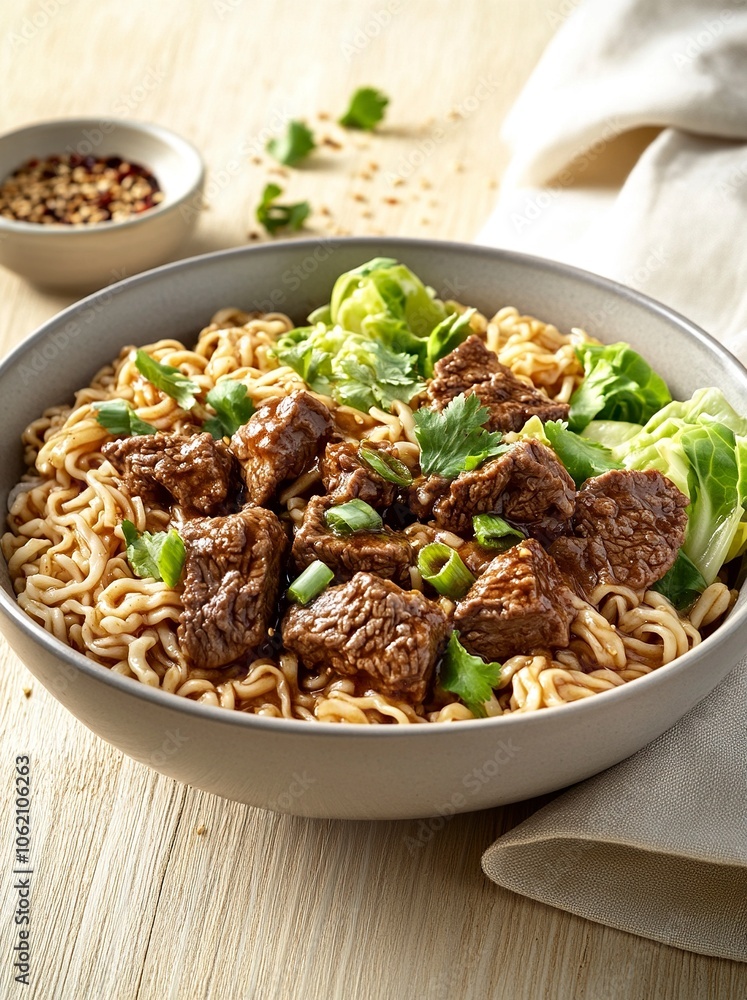 A bowl of braised beef instant noodles, chunks of beef, green cabbage leaves, coriander, placed on a light wood grain tabletop,generative ai A bowl of braised beef instant noodles, chunks of beef, green cabbage leaves, coriander, placed on a light wood grain tabletop,generative ai