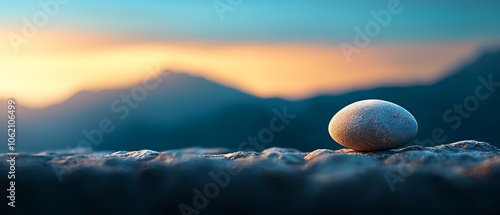  A white ball atop rocks, mid-mountain; sunset backdrop