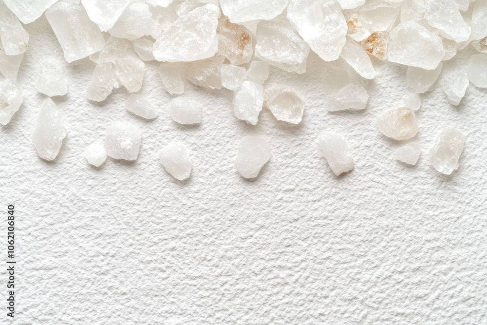 Coarse sea salt crystals scattered on a textured white surface in daylight Coarse sea salt crystals scattered on a textured white surface in daylight