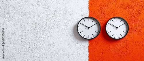  Two clocks sit beside each other on a white and orange wall photo