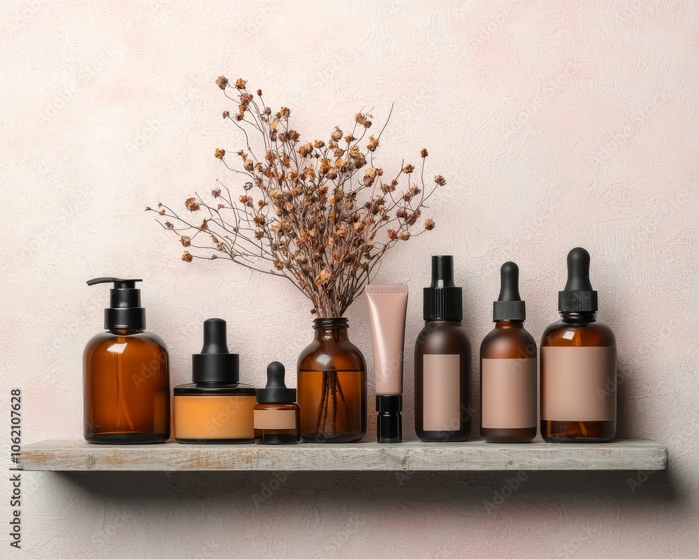 Elegant Beauty Products Display on Wooden Shelf Against Light Pink Wall - Tranquil Spa Concept with Dried Flowers Elegant Beauty Products Display on Wooden Shelf Against Light Pink Wall - Tranquil Spa Concept with Dried Flowers
