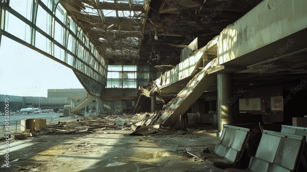 A partially demolished airport terminal, with debris and exposed beams, showing urban decay A partially demolished airport terminal, with debris and exposed beams, showing urban decay