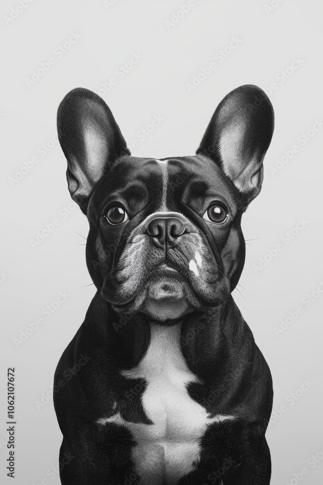 Elegant Black and White Closeup Portrait of French Bulldog in Serene Minimalist Setting Elegant Black and White Closeup Portrait of French Bulldog in Serene Minimalist Setting