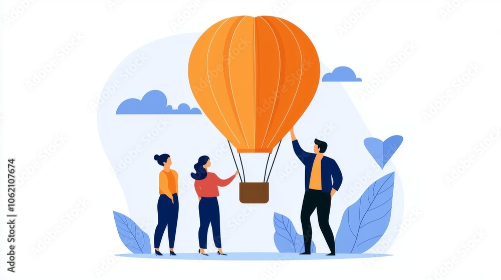 Leader at the helm of a hot air balloon, with employees lifting the balloon upward, workforce motivation, leadership vision Leader at the helm of a hot air balloon, with employees lifting the balloon upward, workforce motivation, leadership vision