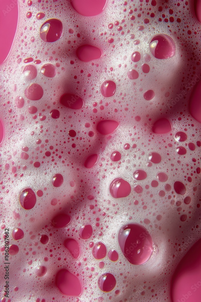 Pink Foamy Substance in Close-Up, Tiny Bubbles on Grey Background. Pink Foamy Substance in Close-Up, Tiny Bubbles on Grey Background.