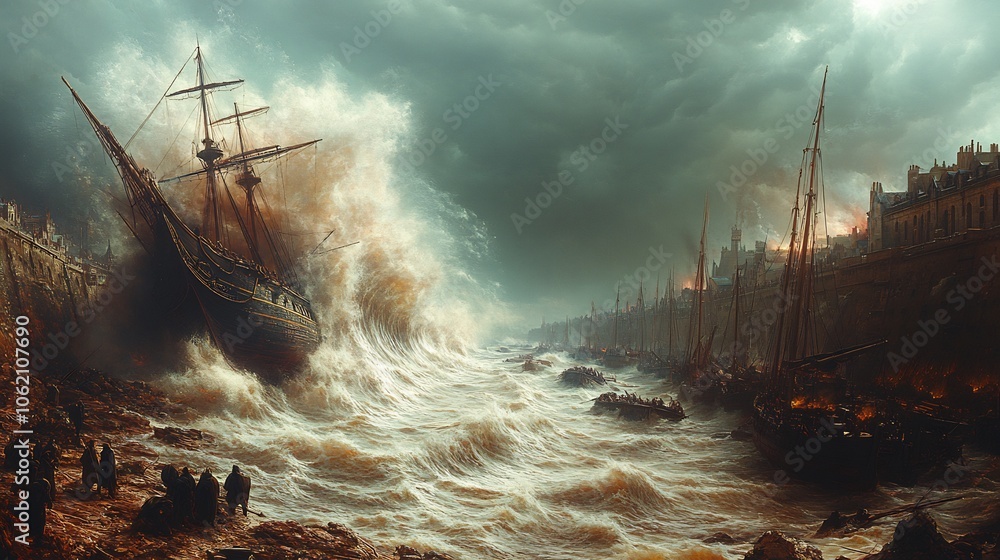 Obraz premium Ancient harbor ruins as waves thrust ships ashore and collapse piers depicting megatsunami destruction in the Bronze Age
