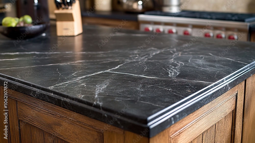 Obraz premium Luxurious black stone surfaces sleek kitchen countertops