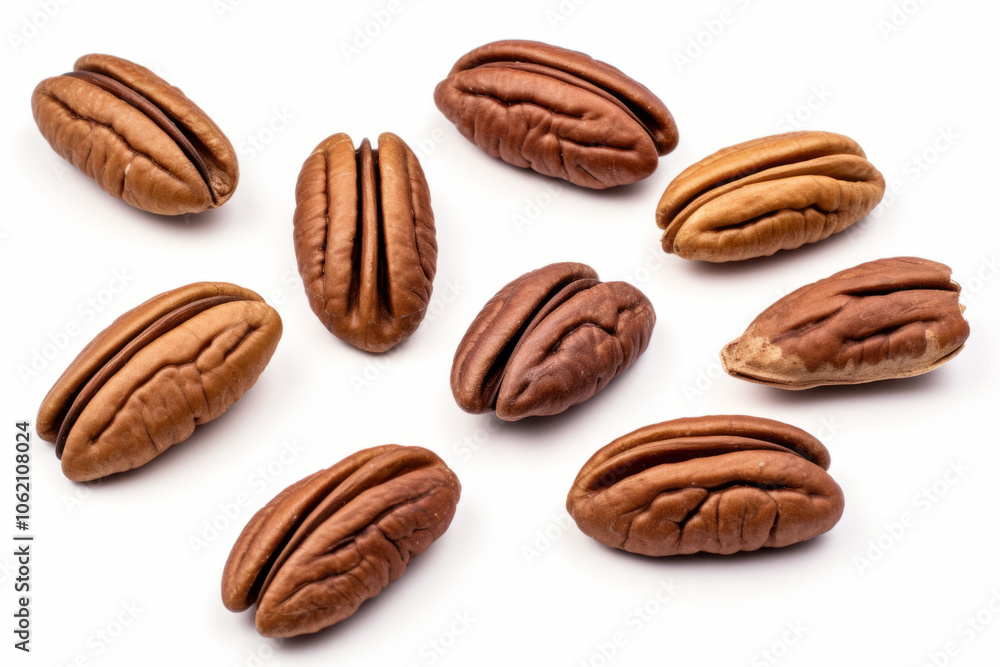 Colorful pecan nuts on a white background showcasing their textures Colorful pecan nuts on a white background showcasing their textures
