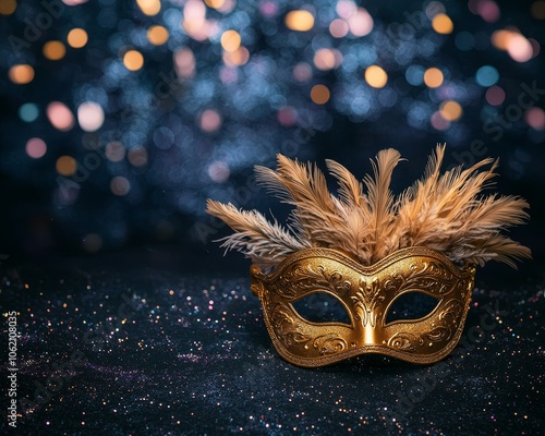 Elegant Gold Masquerade Mask with Feathers in Enigmatic Blue Bokeh Background - Mystical Fantasy and Festive Luxury Concept for Venetian Carnival or Event Promotion photo