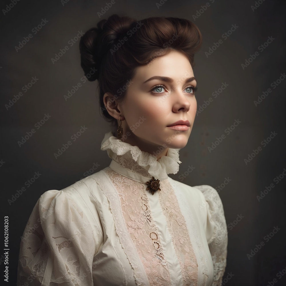 Noble Victorian Profile Portrait in Ornate High-Collar Dress Against Dark Background Noble Victorian Profile Portrait in Ornate High-Collar Dress Against Dark Background