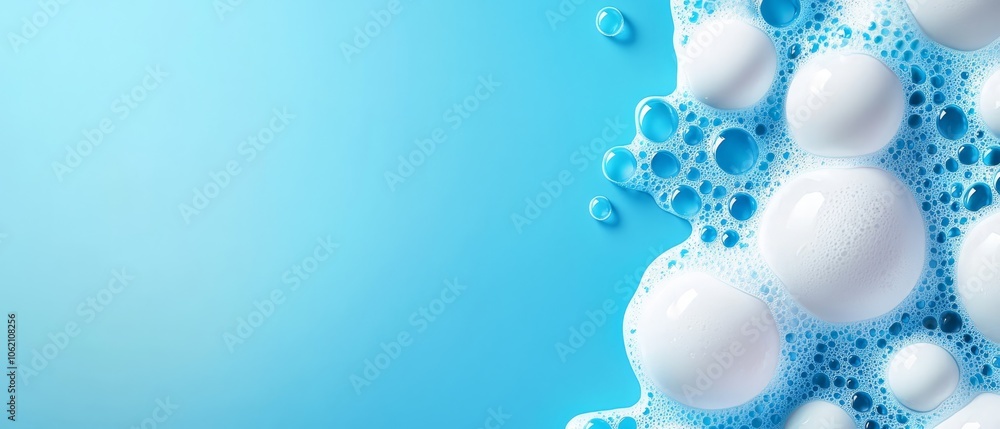  A collection of white and blue eggs against a blue backdrop, with bubbles of water at the image's base