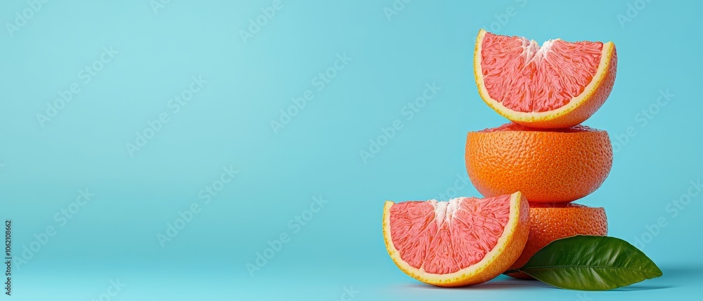 A stack of grapefruits topped with a single green leaf A stack of grapefruits topped with a single green leaf