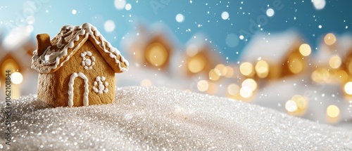  A gingerbread house atop a snowy mound, against a backdrop of blue sky, with snowflakes falling below