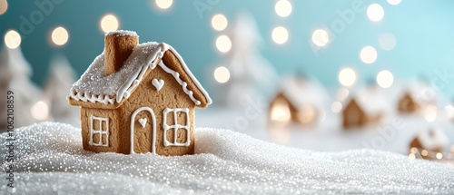  A tiny gingerbread house atop a snowy mound, framed by a blue sky adorned with twinkling Christmas lights
