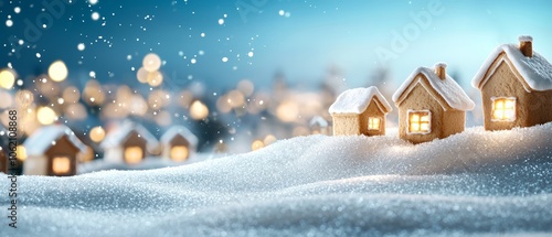  A cluster of tiny homes atop a snow-capped hill, facing a metropolis bathed in lights