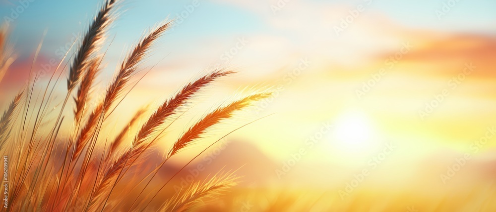 the sun setting over a field with tall grass in the foreground and a blue sky in the background the sun setting over a field with tall grass in the foreground and a blue sky in the background