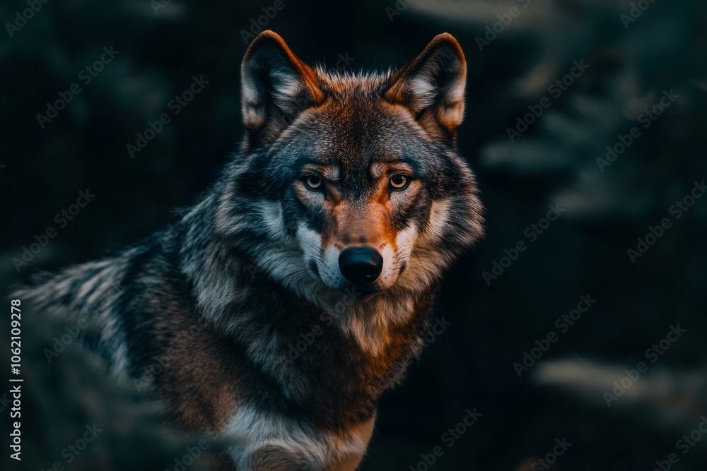 Stunning portrait of a wolf in soft lighting. The animal looks powerful yet calm. This photography captures the essence of wild nature. Generative AI Stunning portrait of a wolf in soft lighting. The animal looks powerful yet calm. This photography captures the essence of wild nature. Generative AI