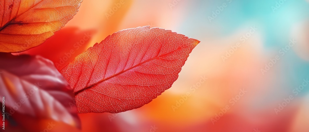 A red leaf, focused closely, atop a branch against a softly blurred backdrop of red and yellow leaves A red leaf, focused closely, atop a branch against a softly blurred backdrop of red and yellow leaves