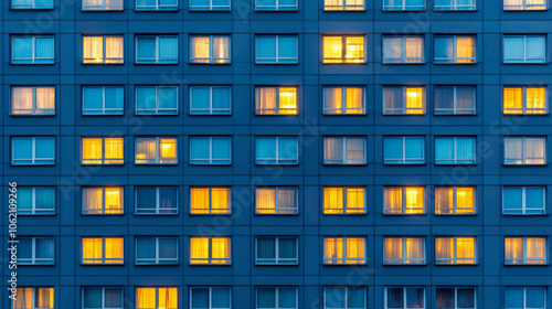 Colorful illuminated windows on a modern city building during evening hours