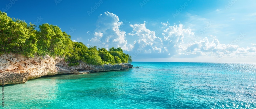 A body of water with trees lining its shore and rocks along one side A body of water with trees lining its shore and rocks along one side