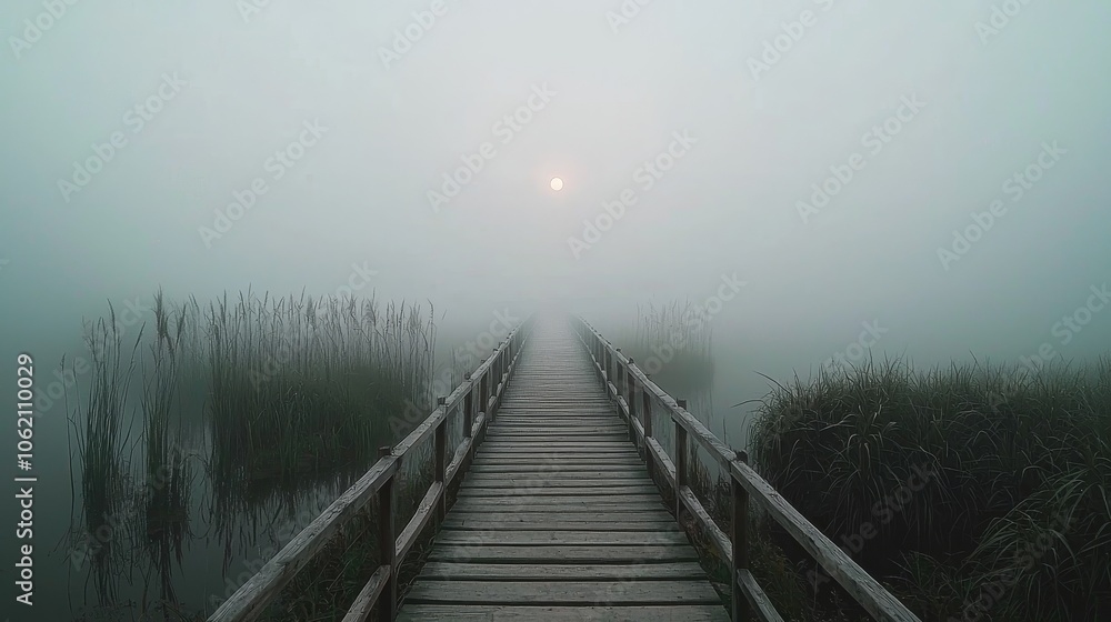 Enigmatic Wooden Bridge in Mystical Fog - Tranquil Nature Landscape with Sun Glimmering in Distance Enigmatic Wooden Bridge in Mystical Fog - Tranquil Nature Landscape with Sun Glimmering in Distance