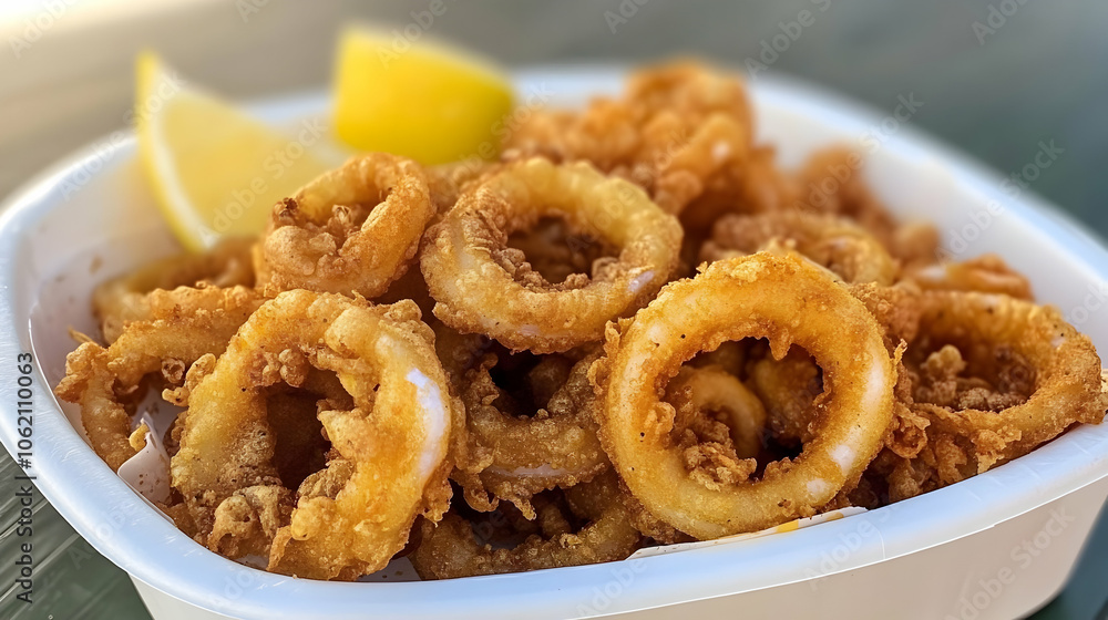 A crispy and golden serving of fried calamari rings garnished with lemon, a seafood lover’s delight.
A crispy and golden serving of fried calamari rings garnished with lemon, a seafood lover’s delight.