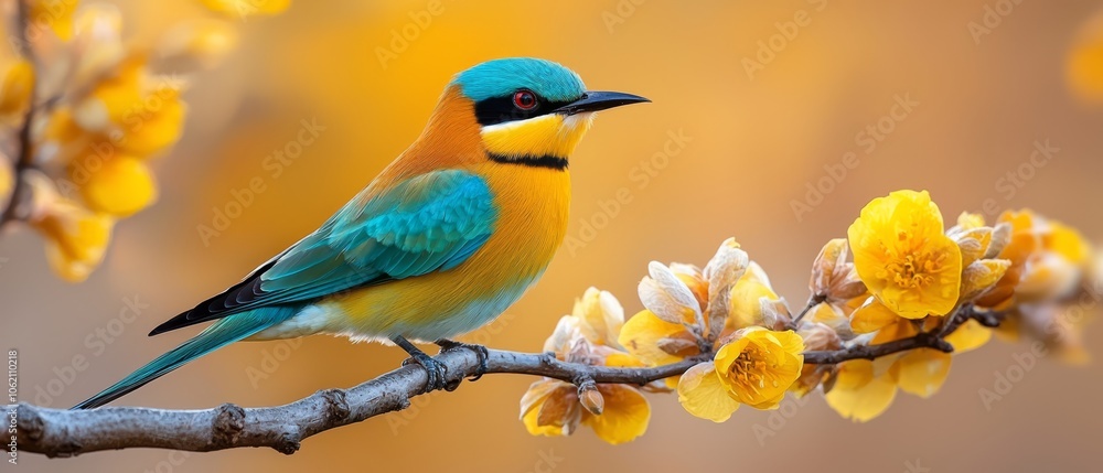 A blue-and-yellow bird perches on a tree branch, surrounded by yellow flowers; background softly blurred A blue-and-yellow bird perches on a tree branch, surrounded by yellow flowers; background softly blurred