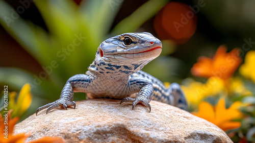 A Detailed Close-Up of a Blue-Tongue Skink in a Vibrant Natural Setting Surrounded by Lush Vegetation photo