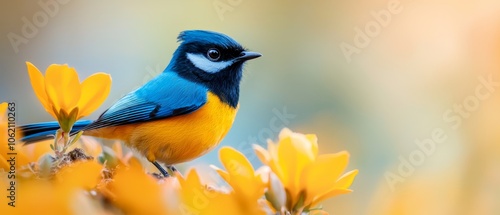  A blue-and-yellow bird perches on a yellow-and-white tree branch adorned with yellow blossoms Behind it, a backdrop of yellow flowers blooms