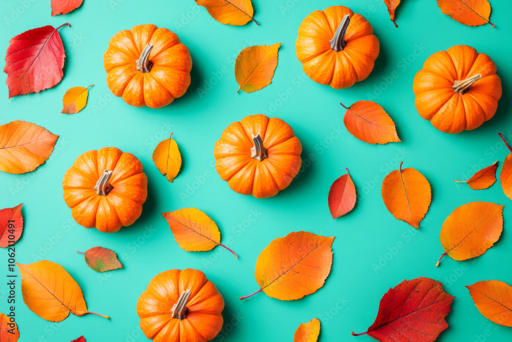 Obraz premium Colorful pumpkins and autumn leaves arranged on a bright turquoise surface