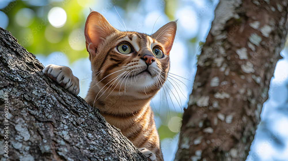 An Agile Savannah Cat Masterfully Climbing a Tree Against a Clear Sky An Agile Savannah Cat Masterfully Climbing a Tree Against a Clear Sky