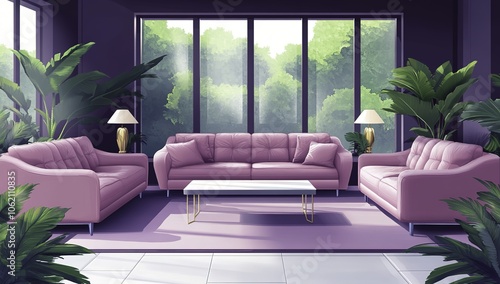 A modern minimalist living room featuring a pink sofa adorned with large and small cushions, complemented by floor-to-ceiling windows that fill the space with natural light.