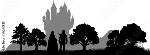 Fantasy Szene - Vektor Silhouette Mann und Frau auf dem Weg zu einer Festung mit Türmen durch den Wald