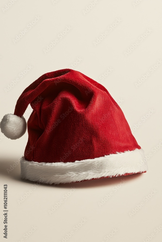 Festive Red Santa Claus Hat on Minimalist Off-White Surface - Closeup View of Plush Velvet Texture for Christmas Advertising and Holiday Concepts Festive Red Santa Claus Hat on Minimalist Off-White Surface - Closeup View of Plush Velvet Texture for Christmas Advertising and Holiday Concepts