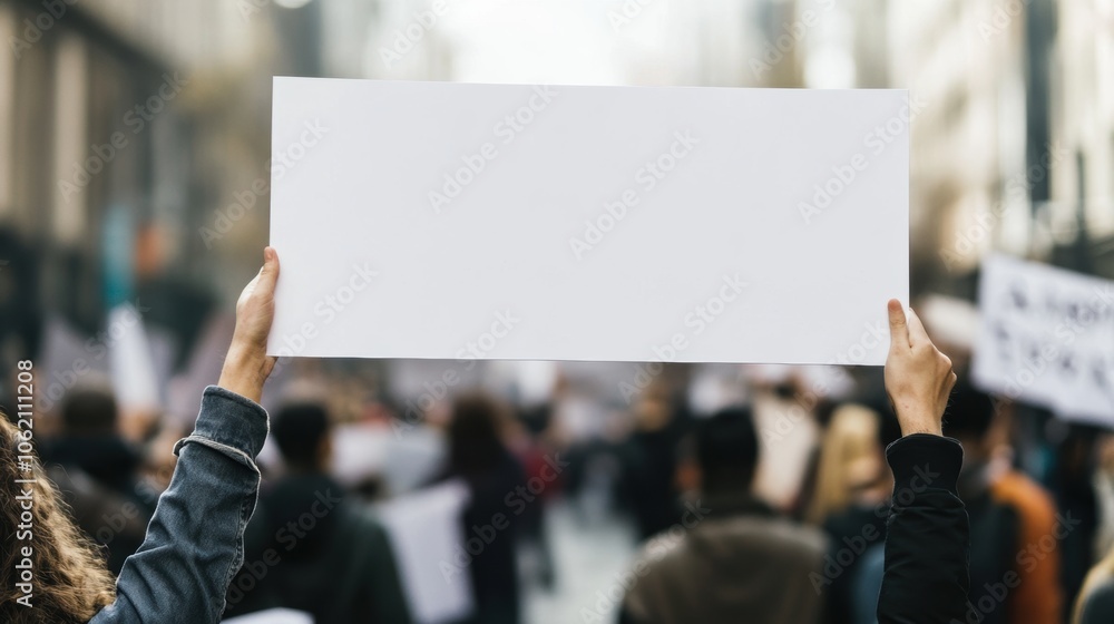 Protestor Holding Blank Sign at Street Demonstration Protestor Holding Blank Sign at Street Demonstration