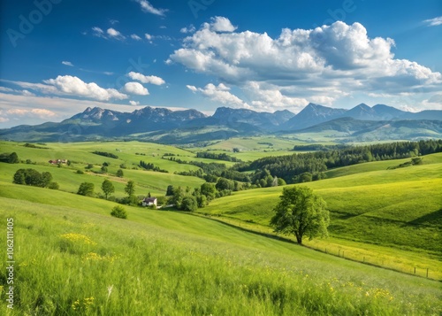 Lush Green Meadows and Rolling Hills Create a Serene Landscape Stretching Into the Distant Horizon