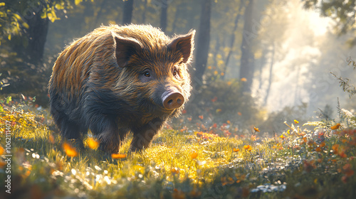 A Playful Young Mangalica Pig Frolicking in a Sun-Drenched Meadow Full of Wildflowers photo