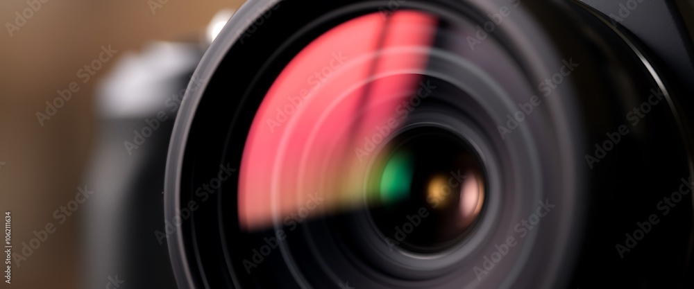 Close-up of camera lens with blurred background, representing photography and video production for advertising. Close-up of camera lens with blurred background, representing photography and video production for advertising.