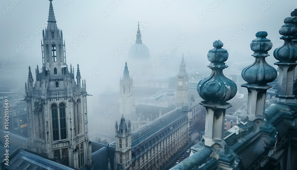 Fototapeta premium Fog in cities, beautiful natural scene view of fog in the cities with landscape by AI generative.