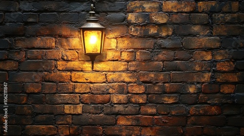 A dimly lit brick wall with a lantern 