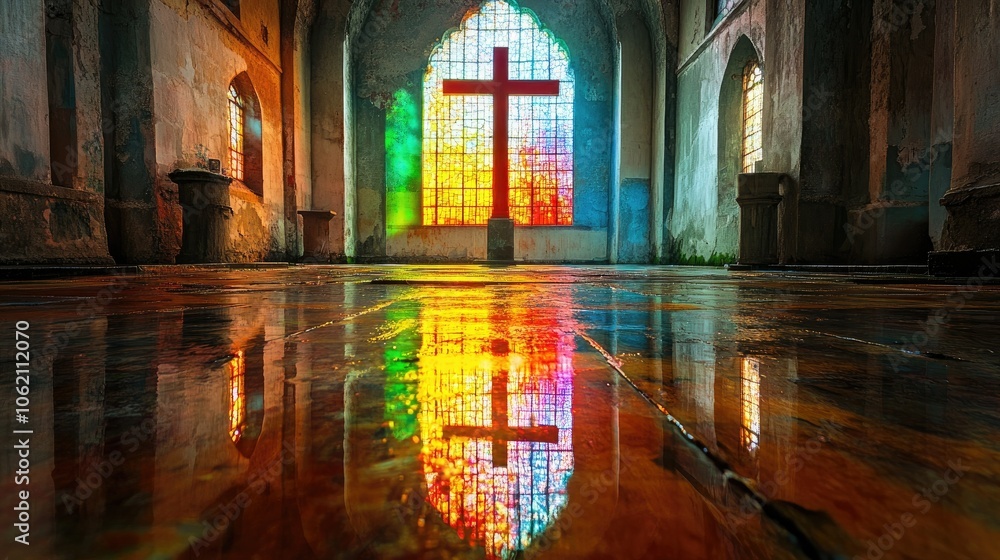 Cross in an old church with stained glass, casting colorful reflections on the floor, embodying reverence Cross in an old church with stained glass, casting colorful reflections on the floor, embodying reverence