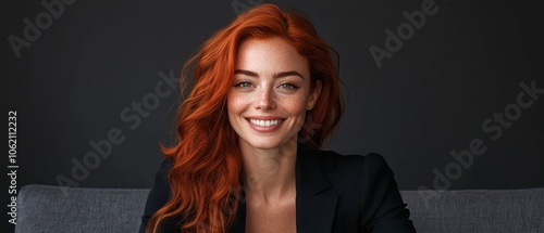  A woman with long red hair sits on a couch, crossing her arms while smiling at the camera