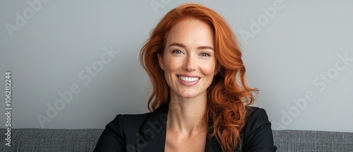  A woman with red hair sits on a gray couch, smiling at the camera, wearing a black blazer