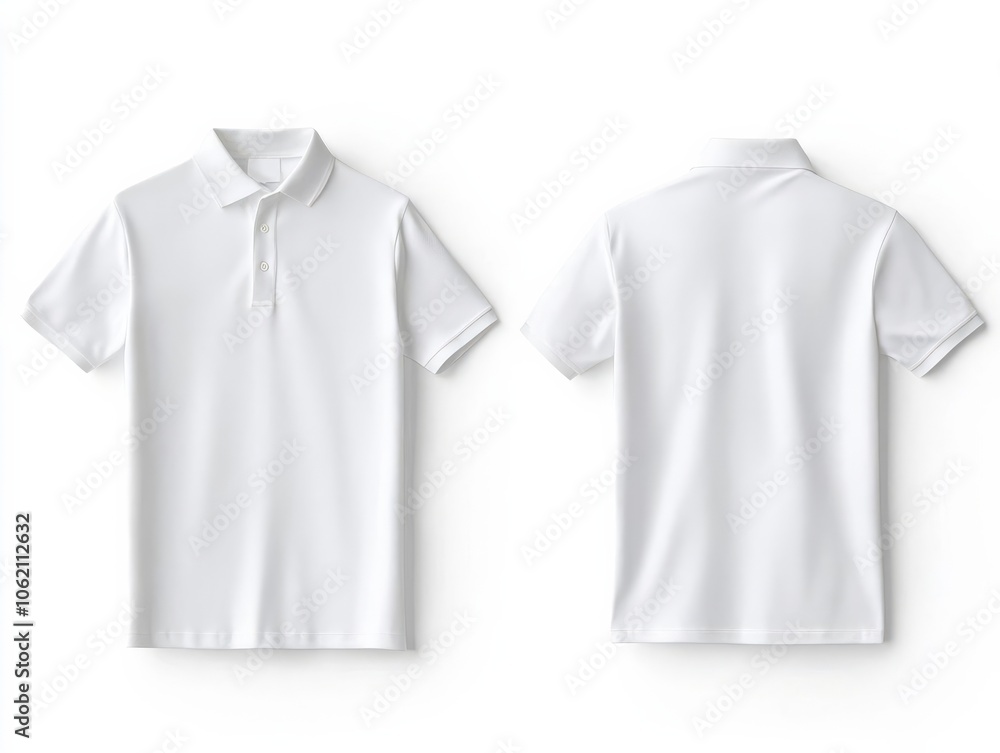 Customizable blank polo shirt, front and back views, isolated, high-resolution fabric details Customizable blank polo shirt, front and back views, isolated, high-resolution fabric details