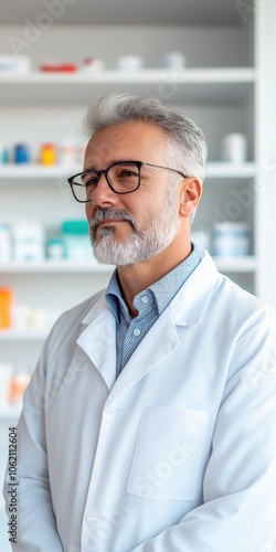 A man in a white lab coat stands in front of a shelf of medicine bottles. He is wearing glasses and has a serious expression on his face