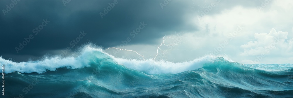 Fototapeta premium A large wave is crashing on a stormy sea. The sky is dark and cloudy, and the water is choppy. Scene is intense and dramatic, as the powerful force of the ocean collides with the stormy sky