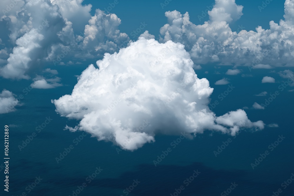 Fototapeta premium A large cloud in the sky with a blue ocean in the background. The cloud is white and fluffy, and it looks like it's about to rain. The sky is clear and blue, and the ocean is calm