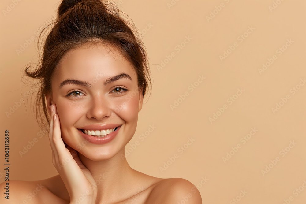 Fresh-faced woman smiles warmly, her hand resting on her cheek, highlighting her clear skin and natural beauty. Fresh-faced woman smiles warmly, her hand resting on her cheek, highlighting her clear skin and natural beauty.